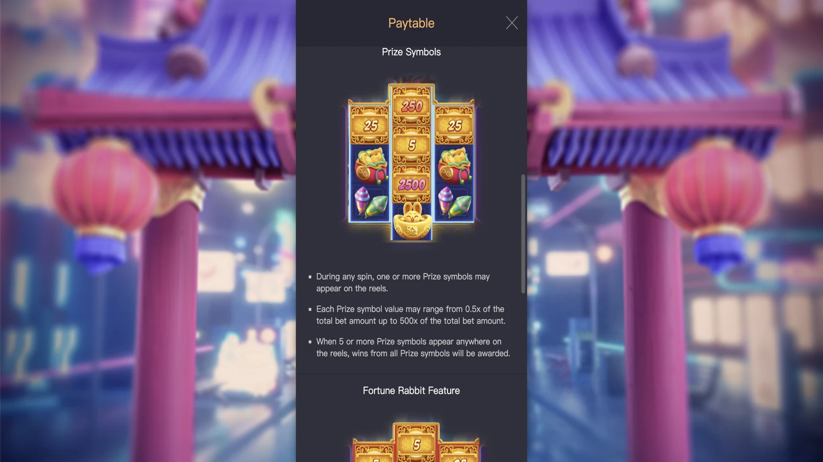 Painel do Fortune Rabbit com informações de ganho máximo e pagamentos