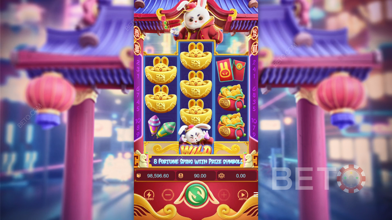 Símbolos do Fortune Rabbit incluindo coelho da fortuna e ícones de prêmio